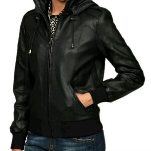 Marc New York Andrew Marc Blk Hooded Polyurethane  Bomber Jacket Women's Size XS